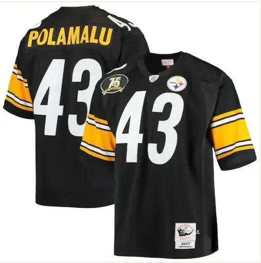 Black Troy Polamalu Pittsburgh Steelers 2007 authentic throwback jersey with yellow and white striped sleeves
