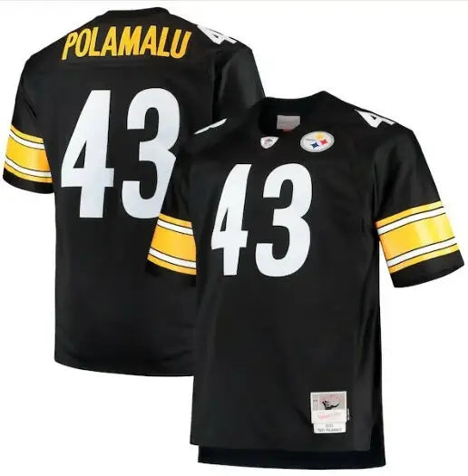 Black Pittsburgh Steelers Troy Polamalu #43 replica jersey with white numbers and striped sleeves