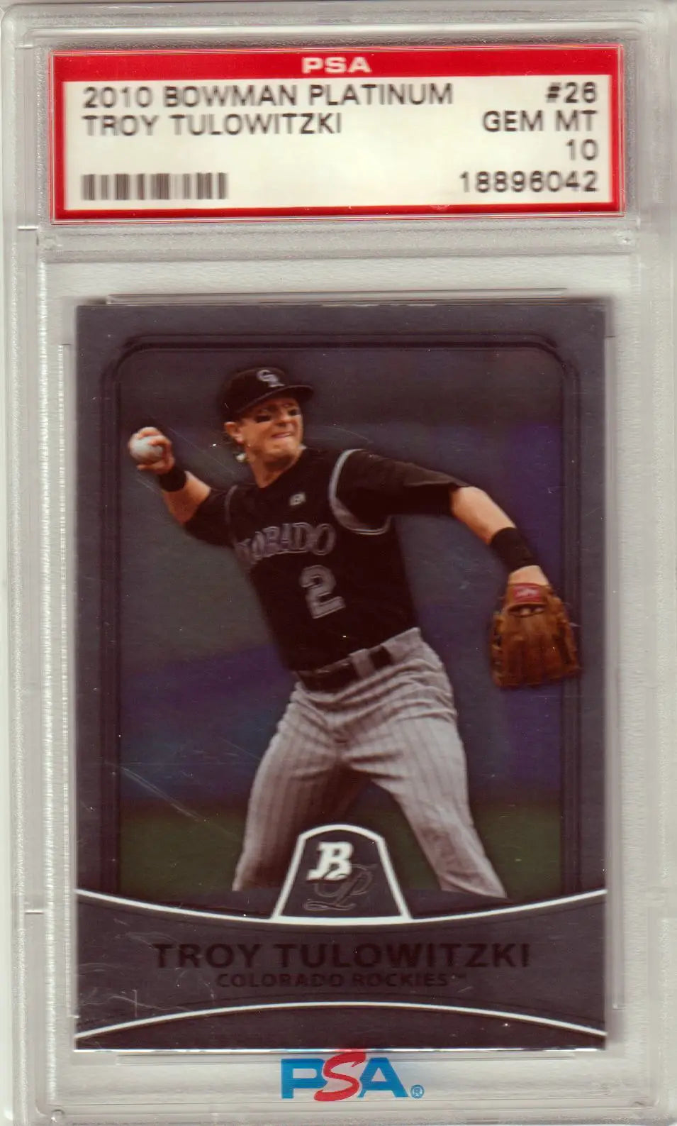 Graded Troy Tulowitzki baseball card from Bowman Platinum featuring Rockies, Columbia Hobby
