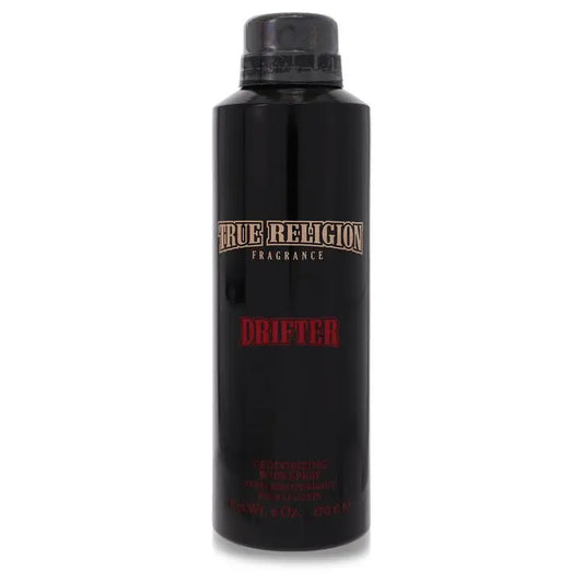 Black cylindrical spray bottle of True Religion Drifter fragrance deodorant