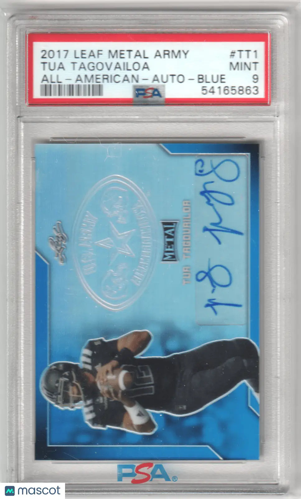 Tua Tagovailoa autographed football card from Leaf Metal Army at Columbia Hobby
