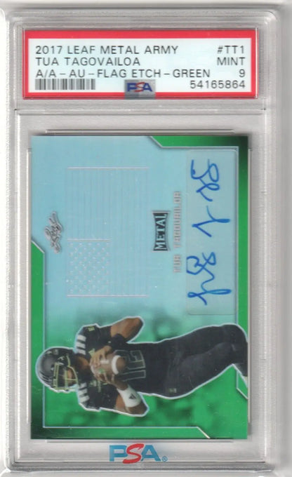 Autographed Tua Tagovailoa Leaf Metal football card from Columbia Hobby eBay with PSA 9 Mint