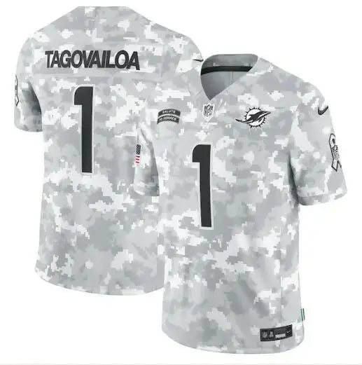 Gray and white camouflage Tua Tagovailoa Miami Dolphins Nike 2024 jersey with black numbers