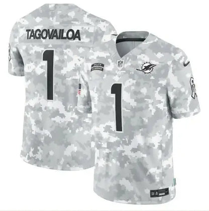 Gray and white camouflage Tua Tagovailoa Miami Dolphins Nike 2024 jersey with black numbers