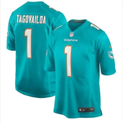 Miami Dolphins Nike Tua Tagovailoa teal game jersey featuring his #1 Miami Dolphins jersey