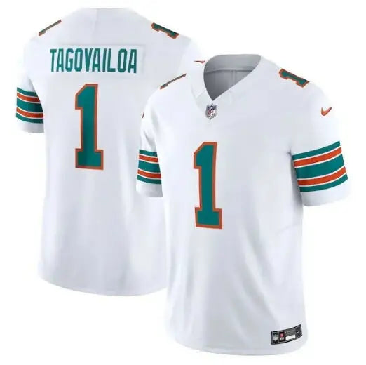 White Miami Dolphins Tua Tagovailoa football jersey with number 1 and name on back