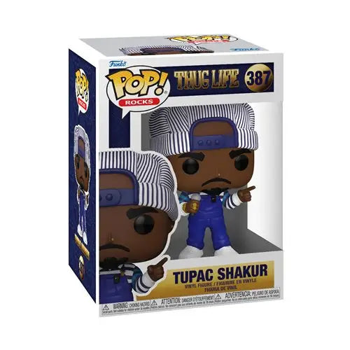 Tupac Shakur Funko Pop vinyl figure #387 in blue overalls and striped hat with microphone