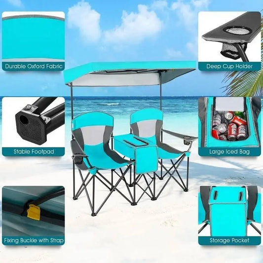Turquoise Blue 2-Piece Folding Canopy Chair with Cup Holder and Storage Pocket - Patio Chairs