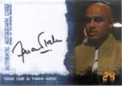 Autographed trading card of Faran Tahir in a tan suit jacket from Twenty Four Season 4