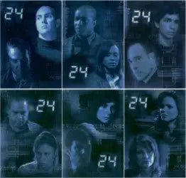 Collage of dark blue-tinted portraits with 24, showcasing a Rare Foil Trading Card set