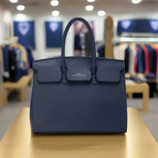 Navy synthetic leather handbag with two top handles, perfect for stylish everyday use