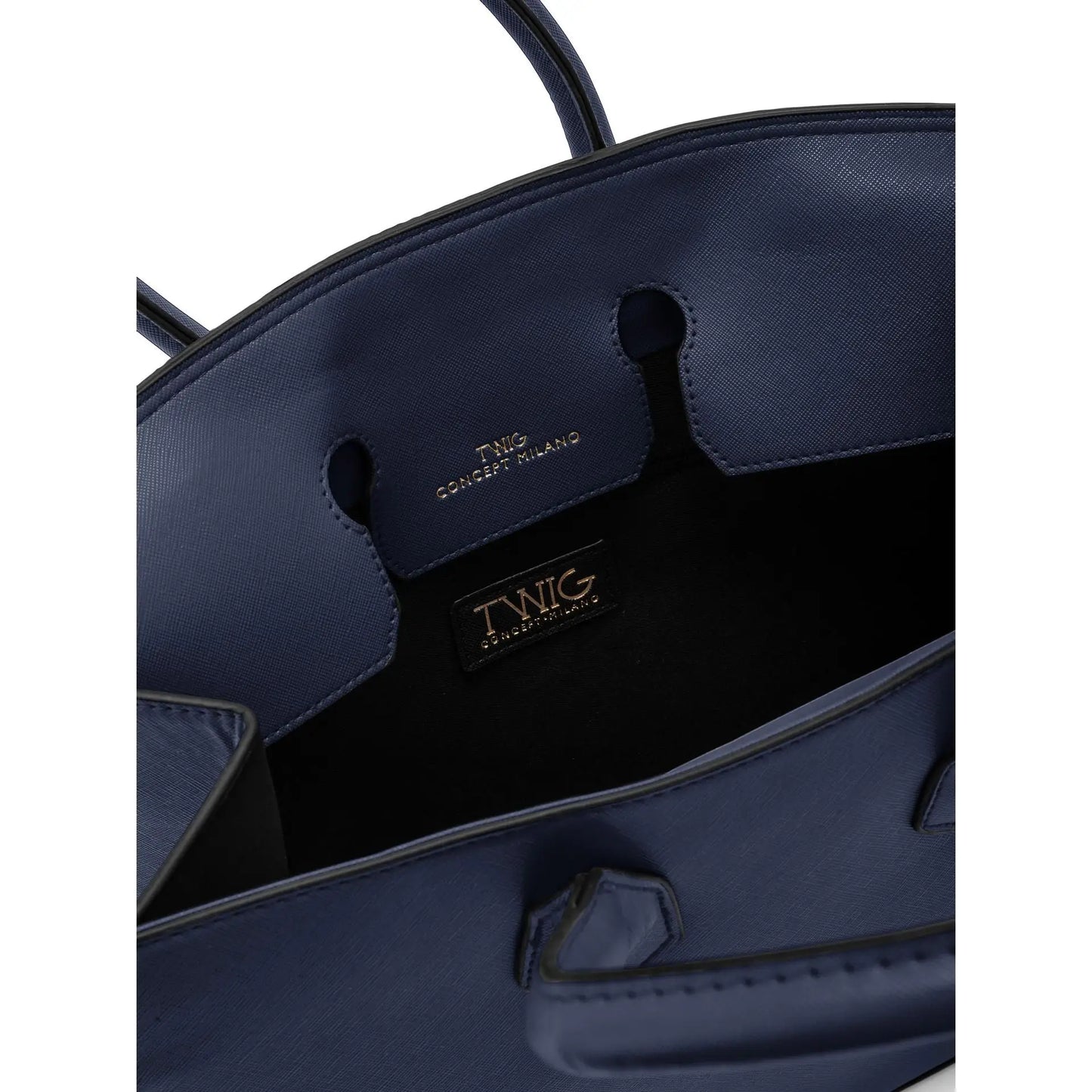 Dark blue textured navy synthetic leather tote bag with black interior for Twig Navy Synthetic Leather Handbags