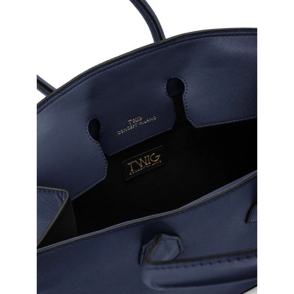 Dark blue textured navy synthetic leather tote bag with black interior for Twig Navy Synthetic Leather Handbags