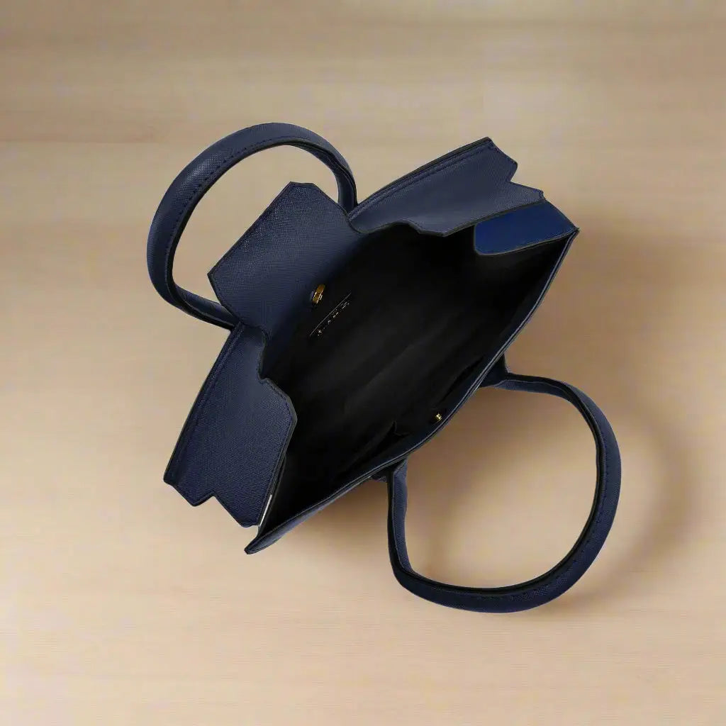 Open navy synthetic leather tote bag with two top handles from Twig Navy Synthetic Leather Handbags