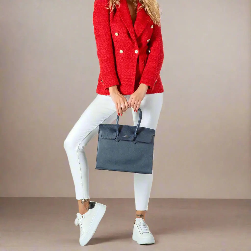 Red double-breasted blazer with white buttons in navy synthetic leather style