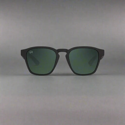 Matte black square-frame sunglasses with green tinted lenses from Twig Unisex UV3 collection
