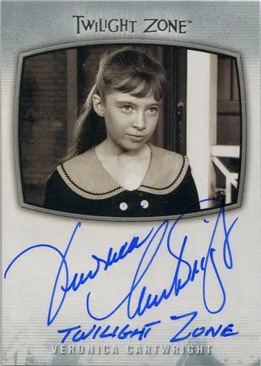 Signed black and white photograph of young girl in Twilight Zone trading card by Veronica Cartwright