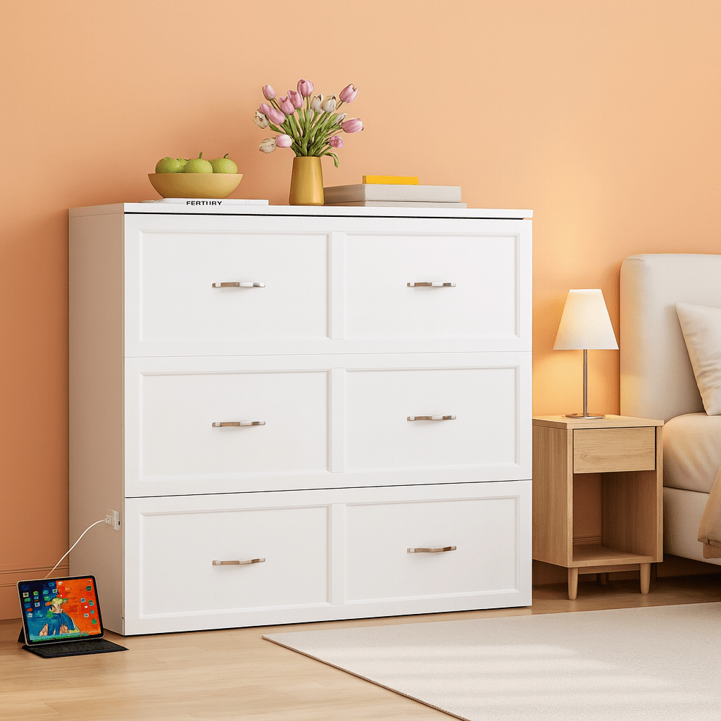 Twin Size Murphy Bed Cabinet with Storage Drawer & Charging Station – Foldable Bed Chest-1