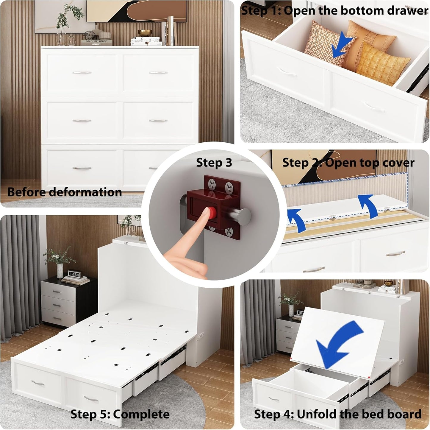 Twin Size Murphy Bed Cabinet with Storage Drawer & Charging Station – Foldable Bed Chest-4