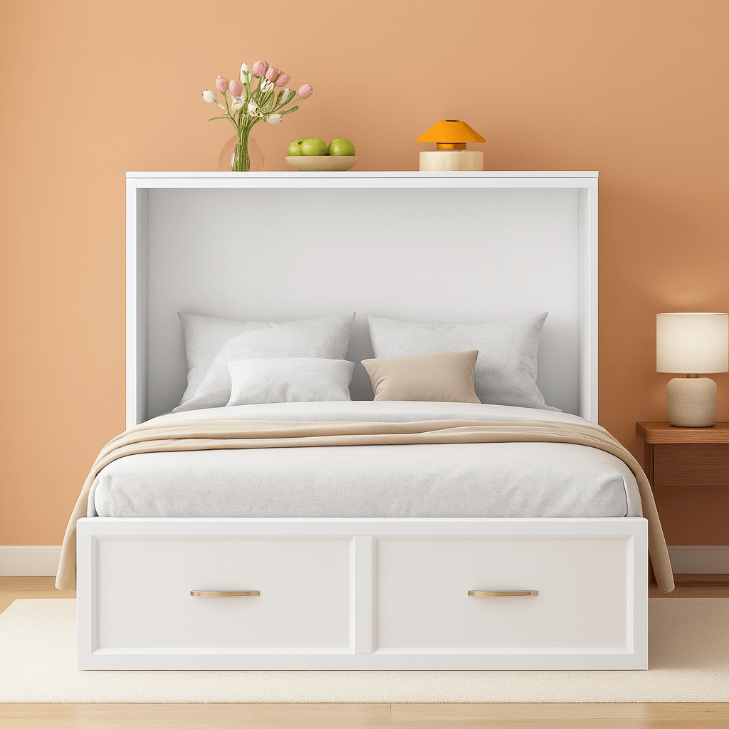 Twin Size Murphy Bed Cabinet with Storage Drawer & Charging Station – Foldable Bed Chest-2