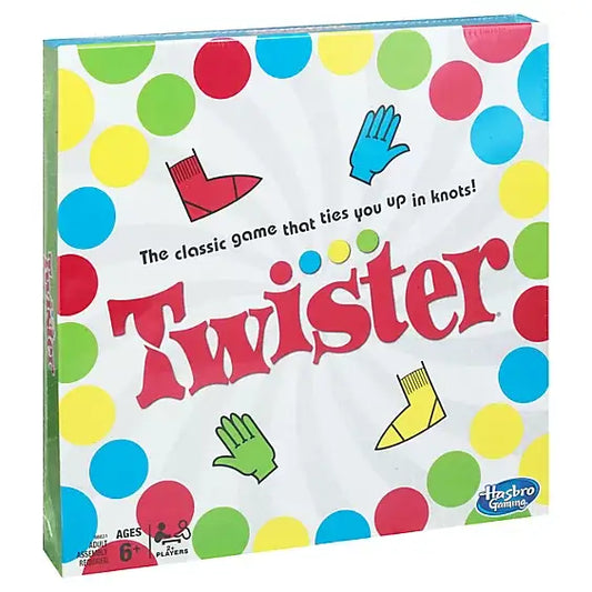 Twister game box showcasing spinner-less play and spinner’s choice feature for fun gameplay