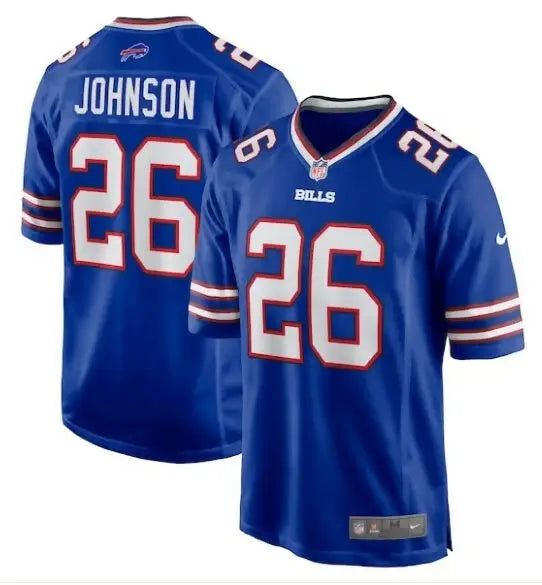 Blue Buffalo Bills Ty Johnson Nike Game Jersey with JOHNSON 26 in white with red trim