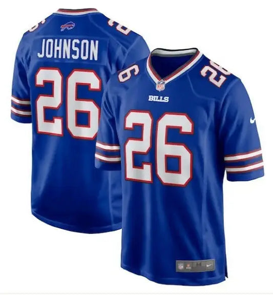 Blue Buffalo Bills Ty Johnson Nike Game Jersey with JOHNSON 26 in white with red trim