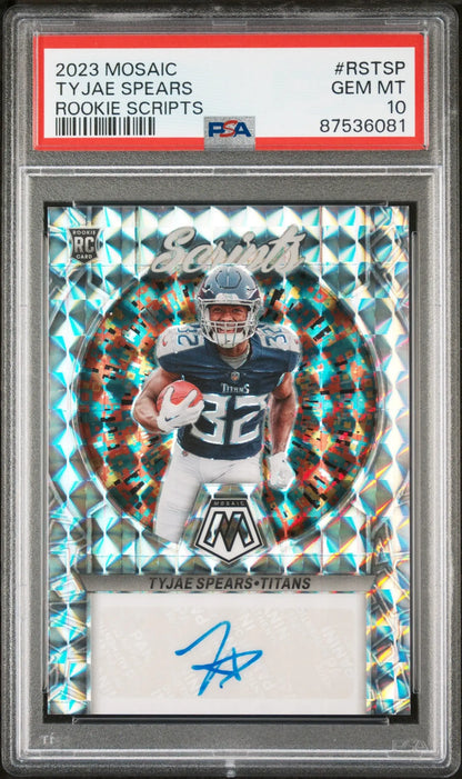 Graded Tyjae Spears 2023 Panini Mosaic Rookie Scripts Autograph Auto PSA 10 GEM MINT