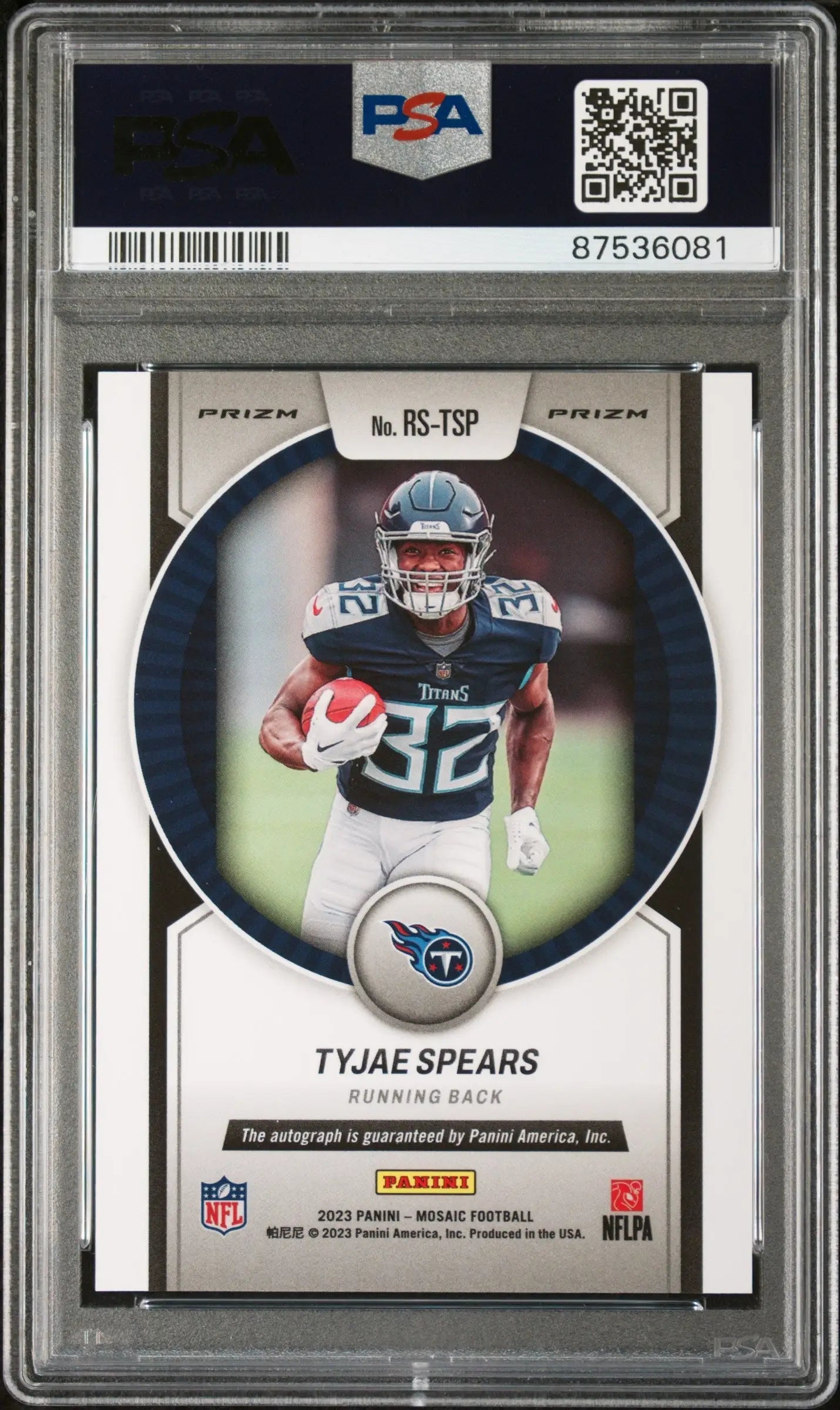 Graded Tyjae Spears football card from Columbia Hobby Panini Mosaic Rookie Scripts series