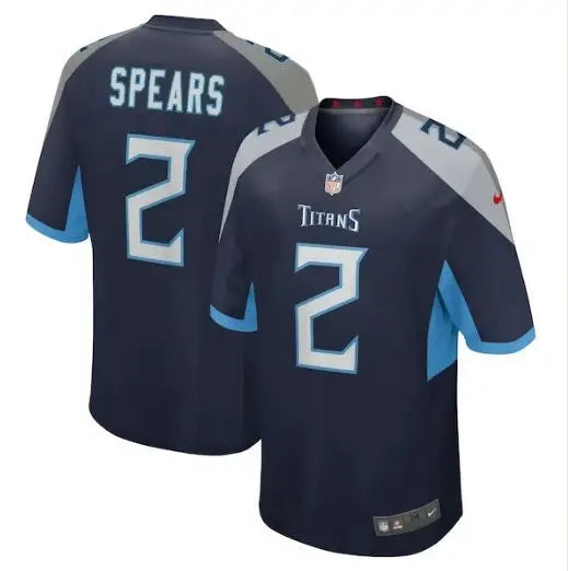 Dark blue and light blue Tennessee Titans Tyjae Spears game jersey with number 2 and name on back