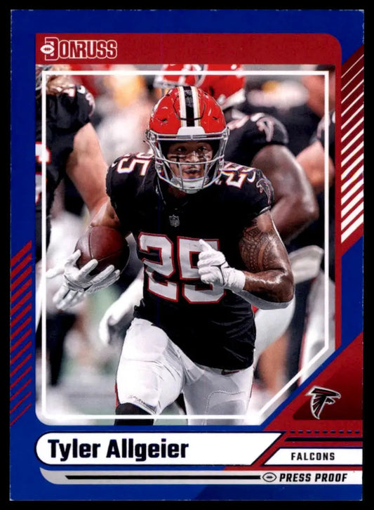 Tyler Allgeier football card from 2024 Donruss Press Proof Blue Atlanta Falcons