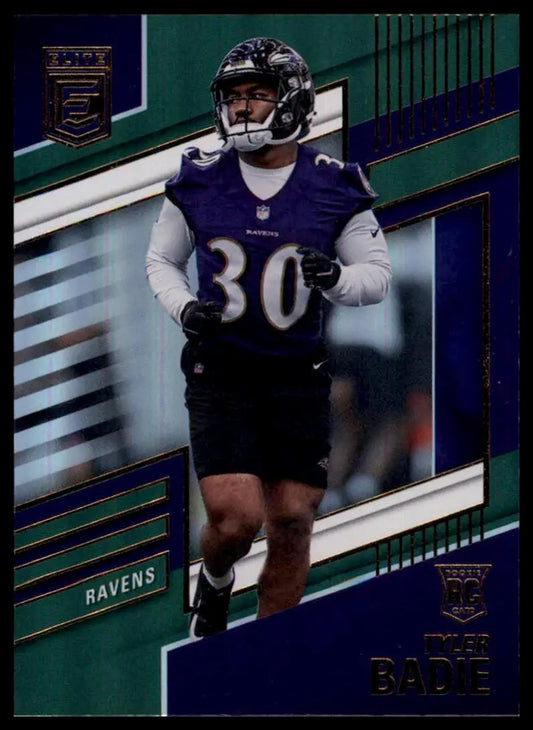 Football card featuring Tyler Badie Rookie 2022 Donruss Elite Green #174 Baltimore Ravens