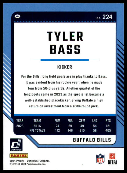 Tyler Bass football card from 2024 Donruss series displayed in Buffalo Bills product