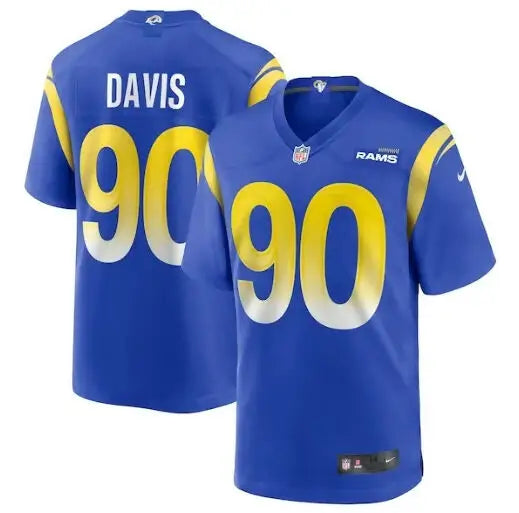 Blue and yellow Tyler Davis Los Angeles Rams Nike jerseys displayed for sale