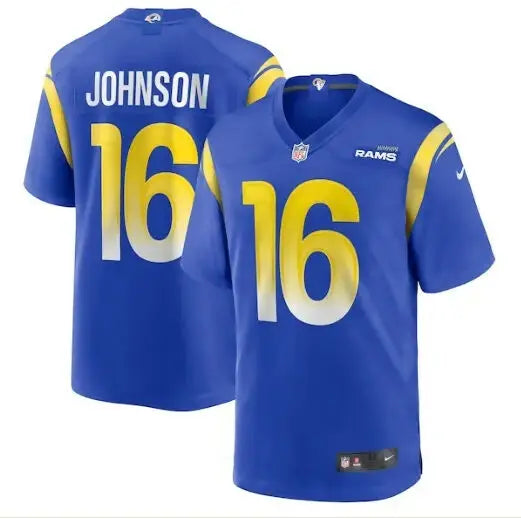 Blue Tyler Johnson Los Angeles Rams Nike jersey with number 16 and Johnson on back