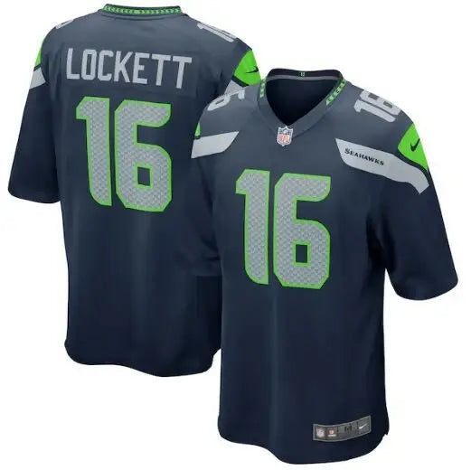 Dark blue Tyler Lockett Seattle Seahawks Nike Game Jersey with 16 and Lockett in green and gray
