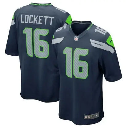 Dark blue Tyler Lockett Seattle Seahawks Nike Game Team Jersey with 16 in green and grey