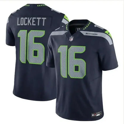 Seattle Seahawks Tyler Lockett navy football jersey with lime green and gray accents