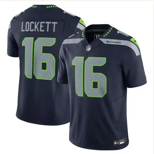 Seattle Seahawks Tyler Lockett navy football jersey with lime green and gray accents