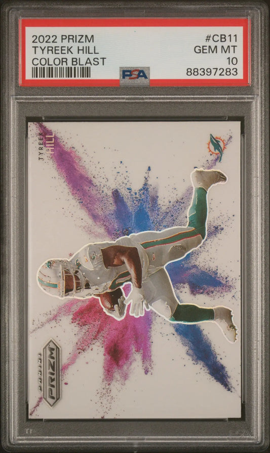 Graded Tyreek Hill football card from Panini Prizm Color Blast series, PSA 10 Gem Mint