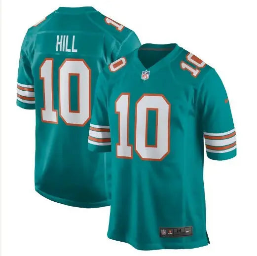 Teal and orange Tyreek Hill Miami Dolphins Nike game jerseys with number 10 and HILL