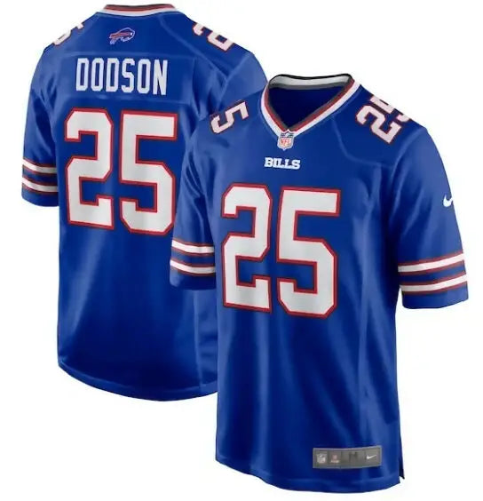 Blue Buffalo Bills Tyrel Dodson #25 football jersey displayed in royal Nike team game style