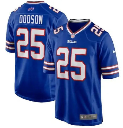 Blue Buffalo Bills Tyrel Dodson #25 football jersey displayed in royal Nike team game style