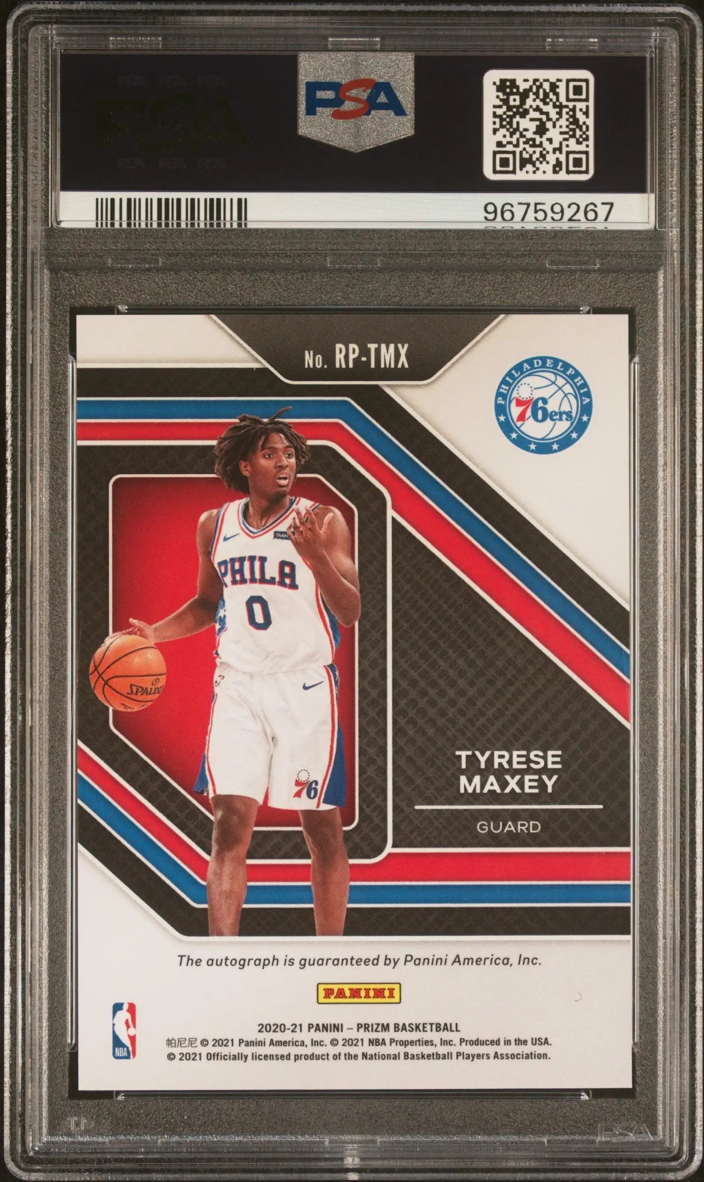 PSA-graded Tyrese Maxey 2020 Panini Prizm Rookie Prenmaship Auto card featuring jersey 0