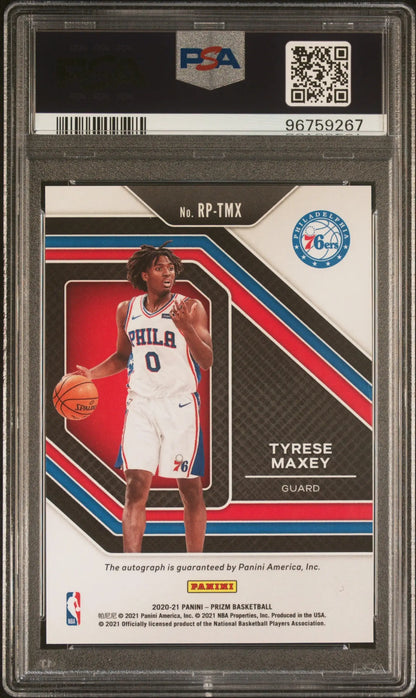 PSA-graded Tyrese Maxey 2020 Panini Prizm Rookie Prenmaship Auto card featuring jersey 0