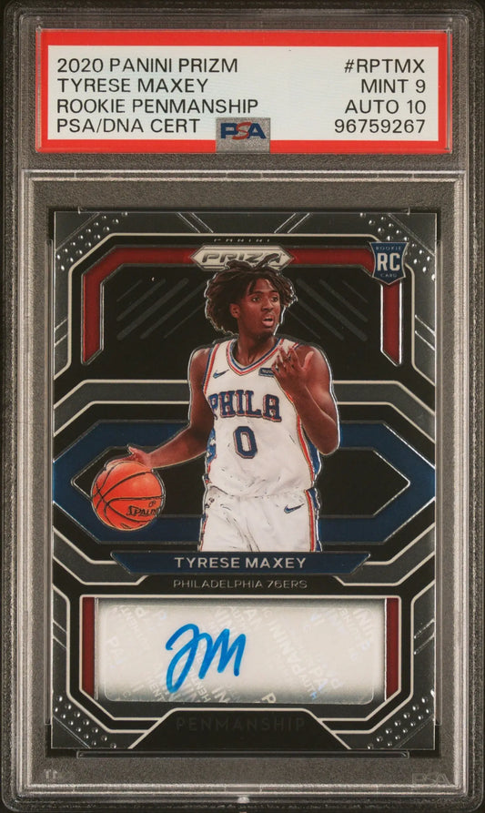 PSA-graded Tyrese Maxey 2020 Panini Prizm Rookie Prenmaship Auto featuring autograph