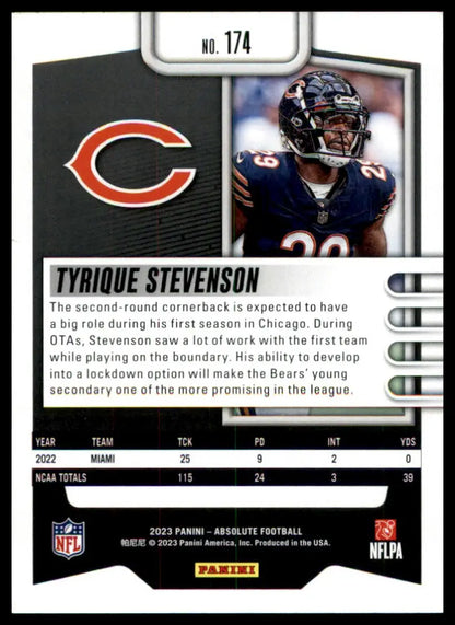 Tyrique Stevenson football card from Panini Absolute Rookie 2023 Chicago Bears