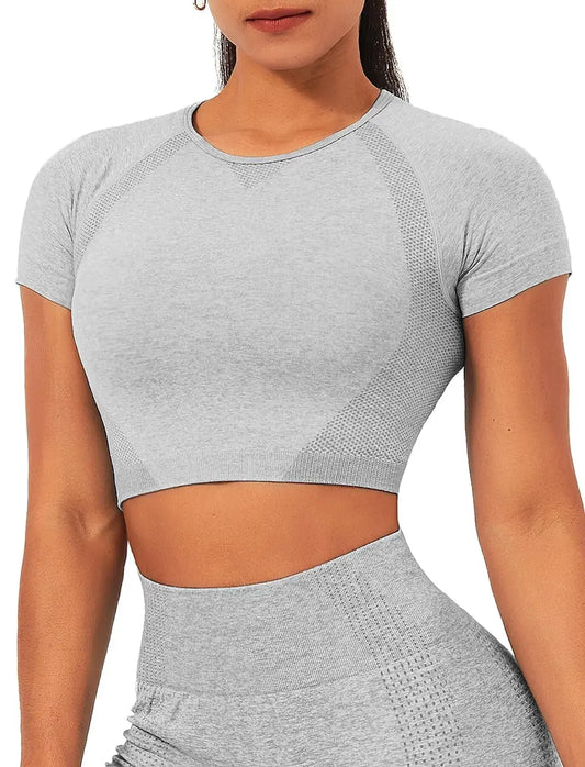 Gray cropped athletic top from TZLDN Short Sleeve Workout series for women gym yoga