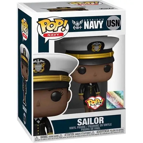 Funko Pop vinyl figure of a dark-skinned female Navy sailor in dress uniform