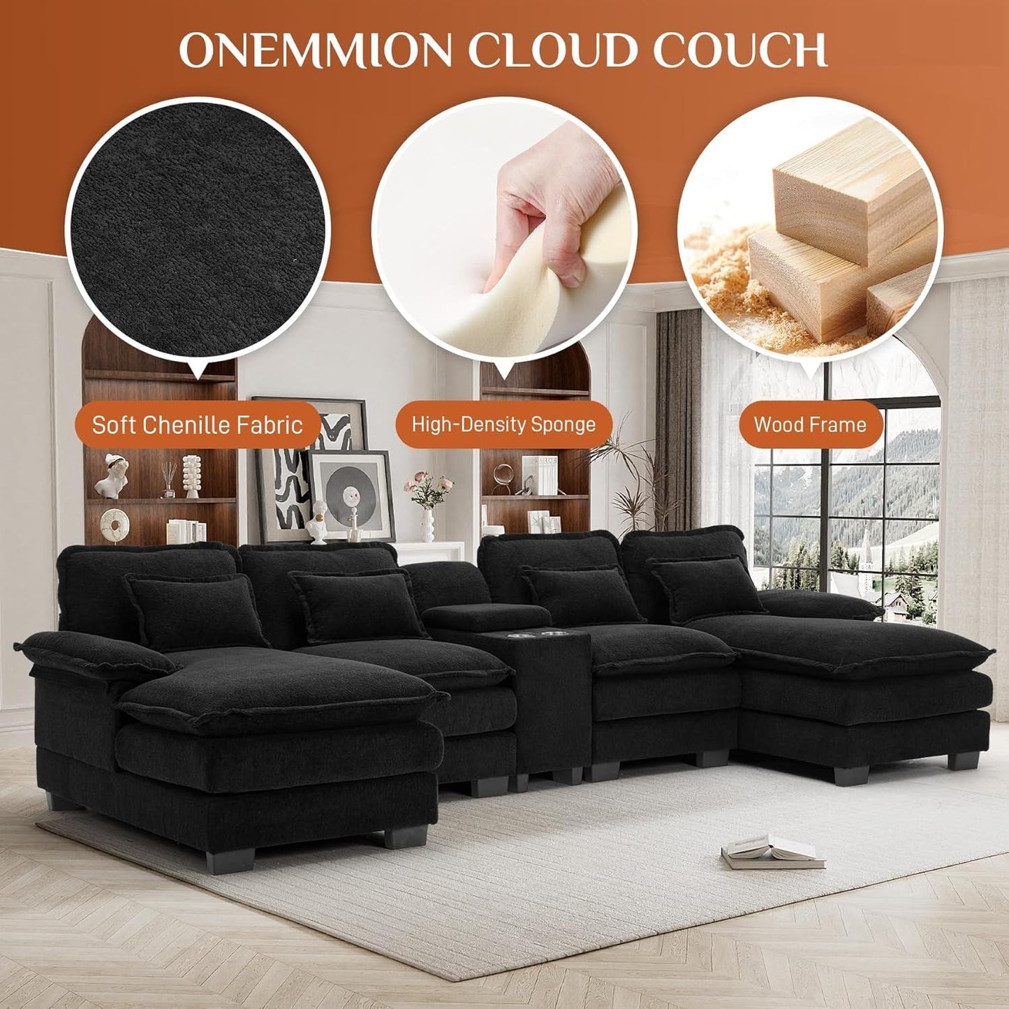 U Shaped Cloud Sectional Sofa with USB Charging Ports-3